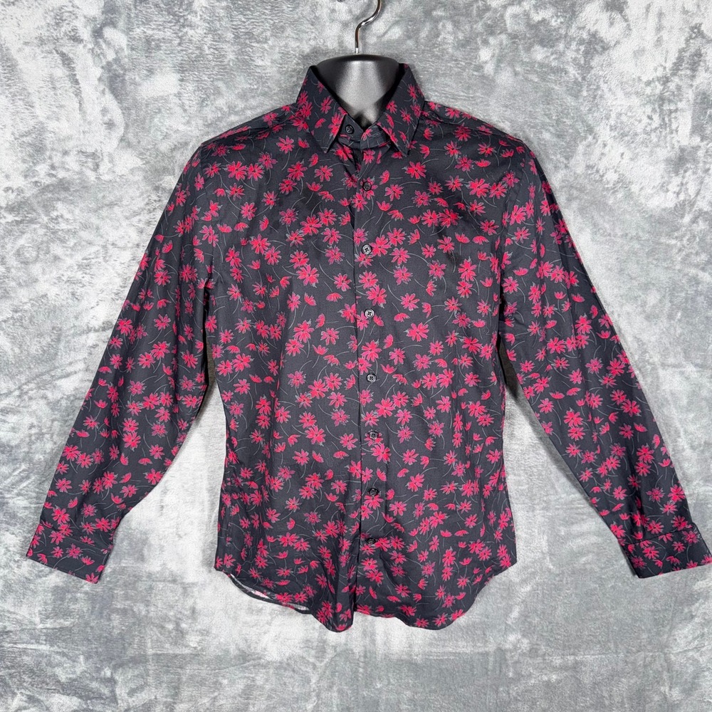 Express Mens Slim Fit Button Up Shirt Size S Black Red Floral Long Sleeve Cotton